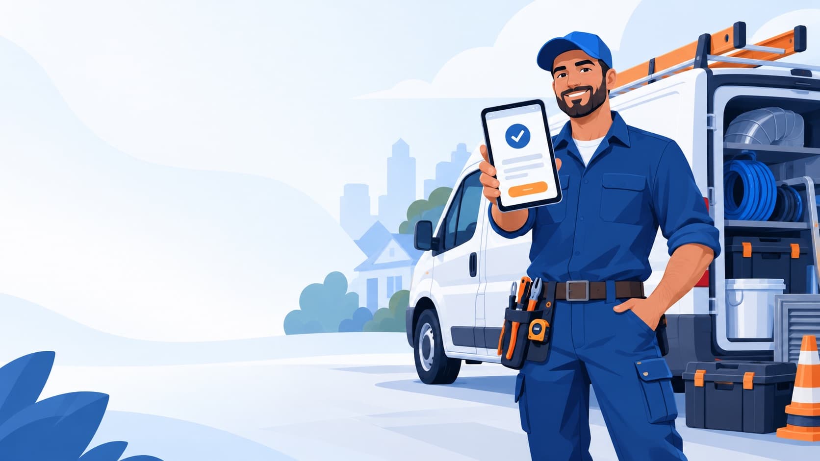 A field technician holding a phone showing an approved estimate, standing in front of his fully stocked service van