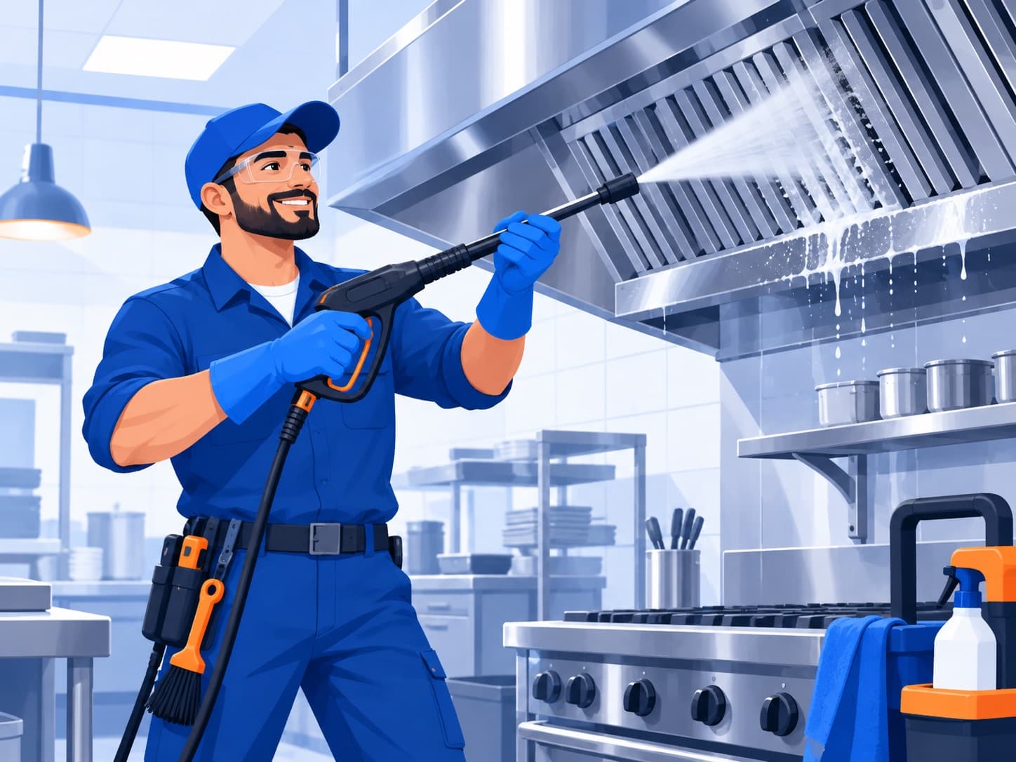 A commercial kitchen exhaust hood being cleaned — the job MCR System was originally built to estimate and invoice