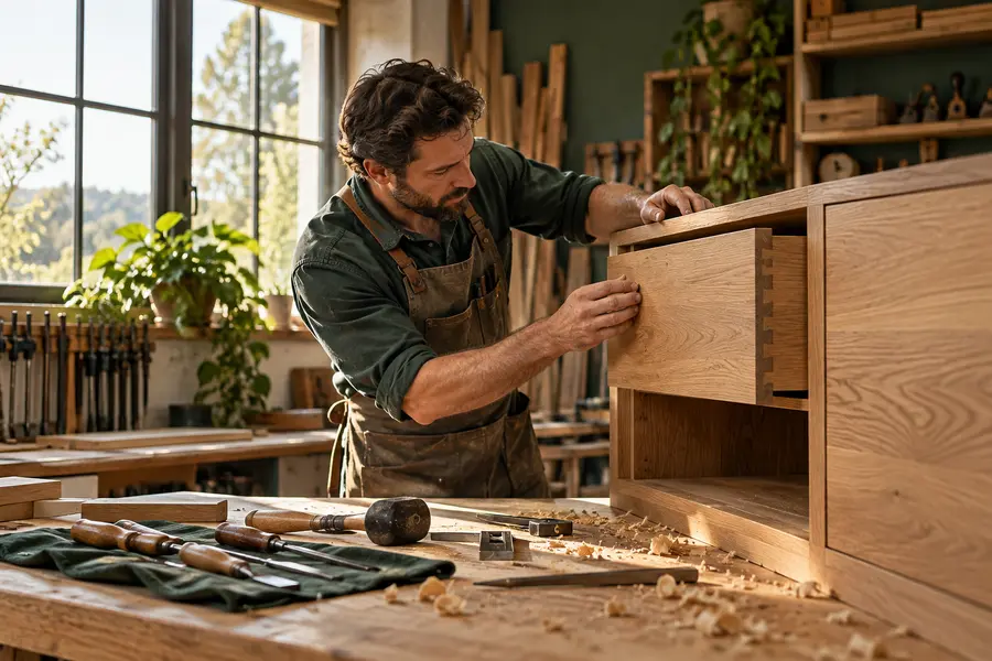 Carpenter working on custom wood cabinetry