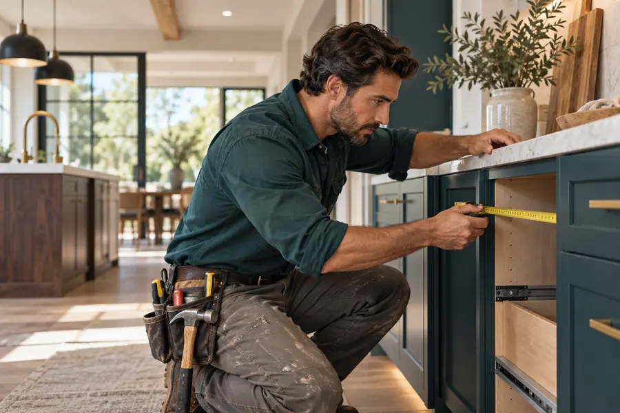 Renovation professional measuring cabinetry during installation