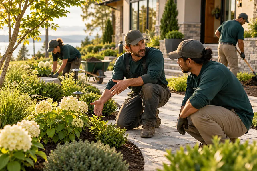 Landscaping team planning finishing work in a residential garden