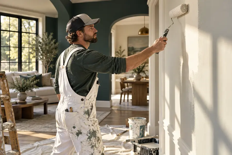 Painting contractor working in a bright residential interior