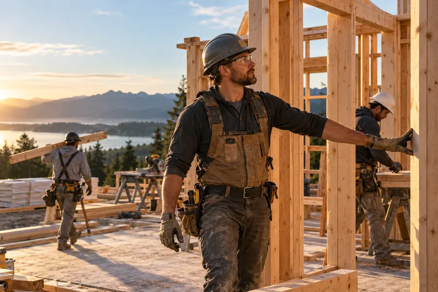 Residential construction team working on a home build